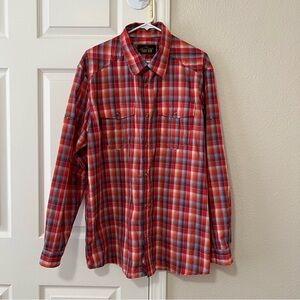 Orvis Trout Bum Red and Blue Plaid Button Down Shirt with Adjustable Sleeves- L